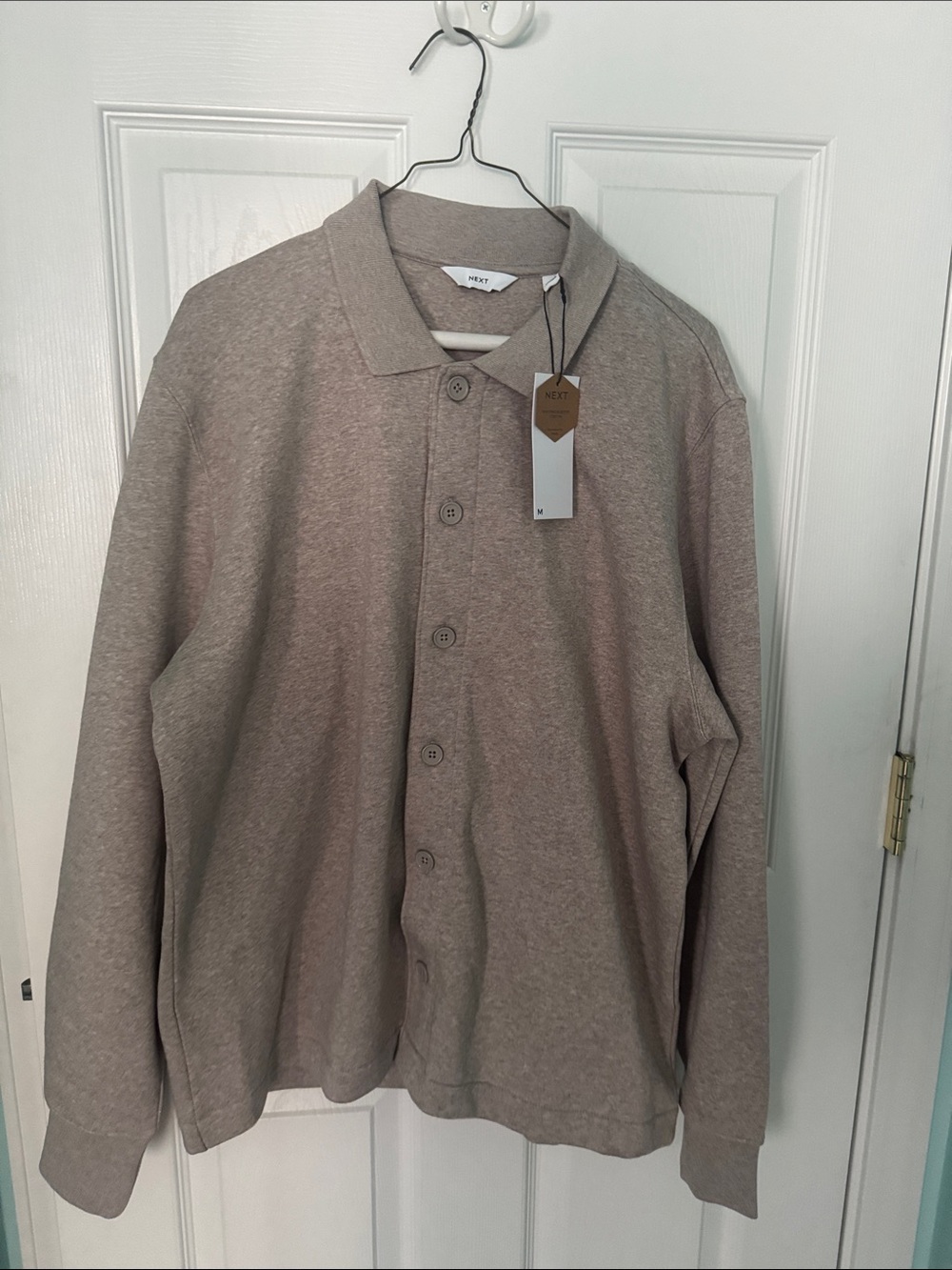 Next Lightweight Button-Front Cotton Shirt Jacket in Taupe size M
